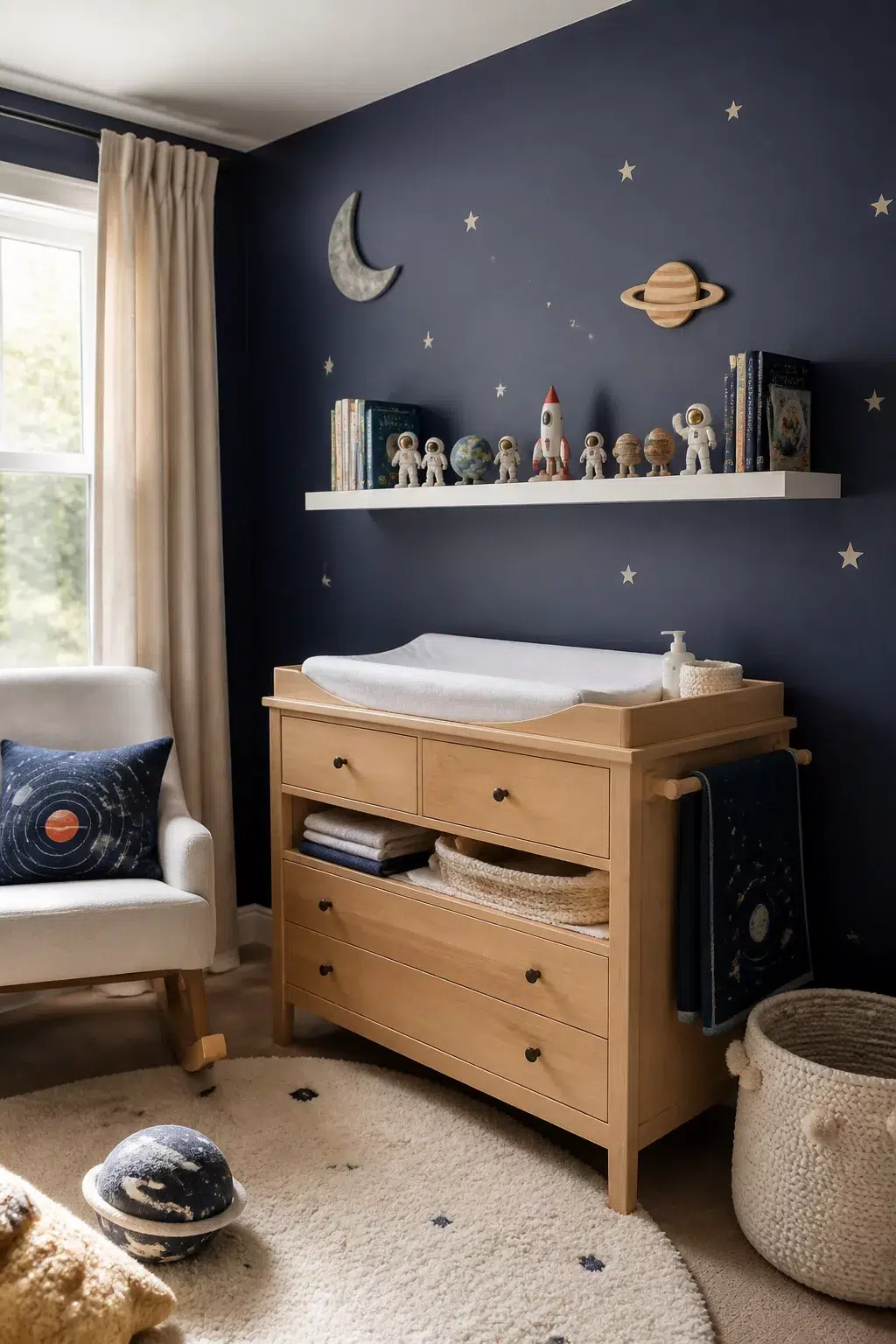 Space themed nursery ideas with navy star wall, pine dresser, and astronaut shelf display