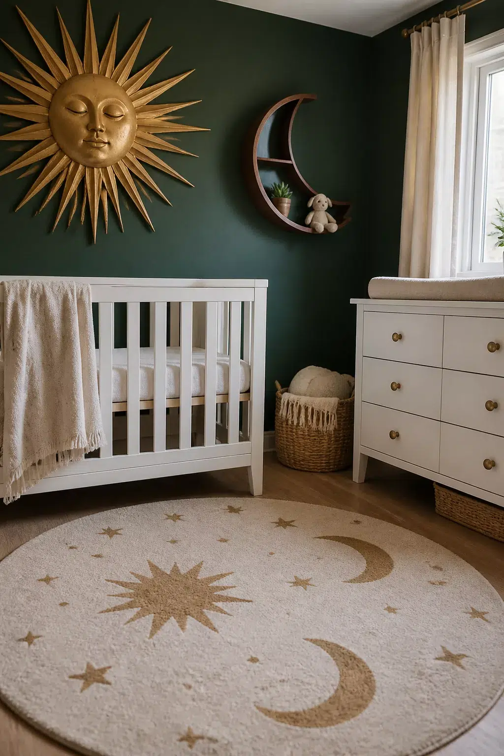 Sun and moon nursery design with deep forest green walls, gold sun face wall art, and celestial round rug.