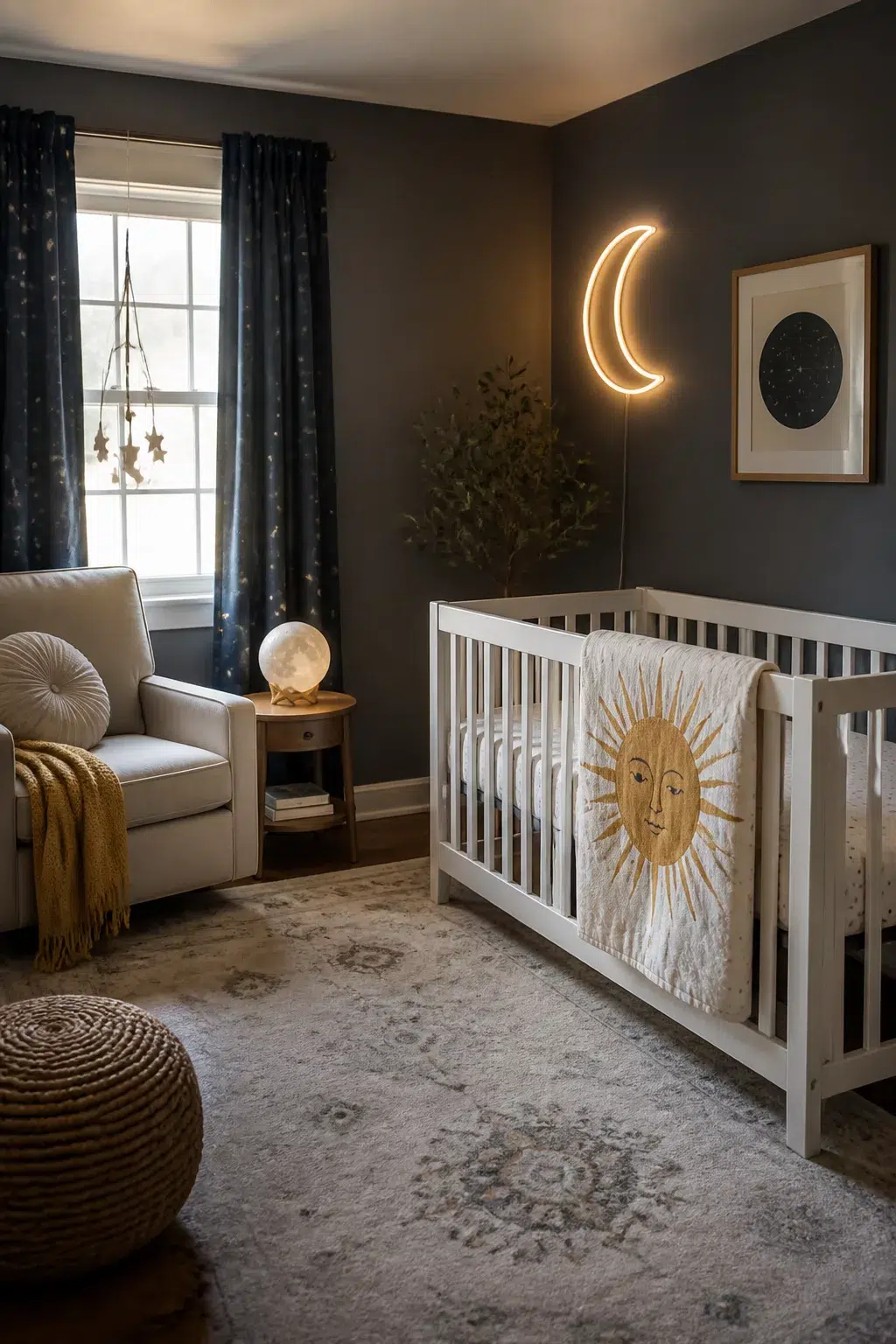 Sun and moon nursery with neon crescent light, charcoal walls, white crib, and sun quilt — celestial baby room design.
