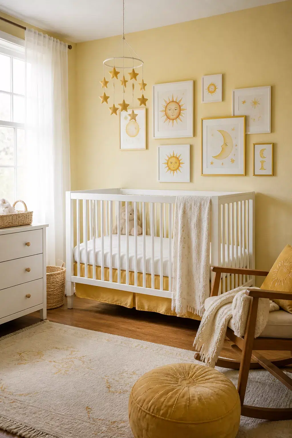 Butter yellow sun and moon nursery designs with framed celestial prints, star mobile, and mustard accents