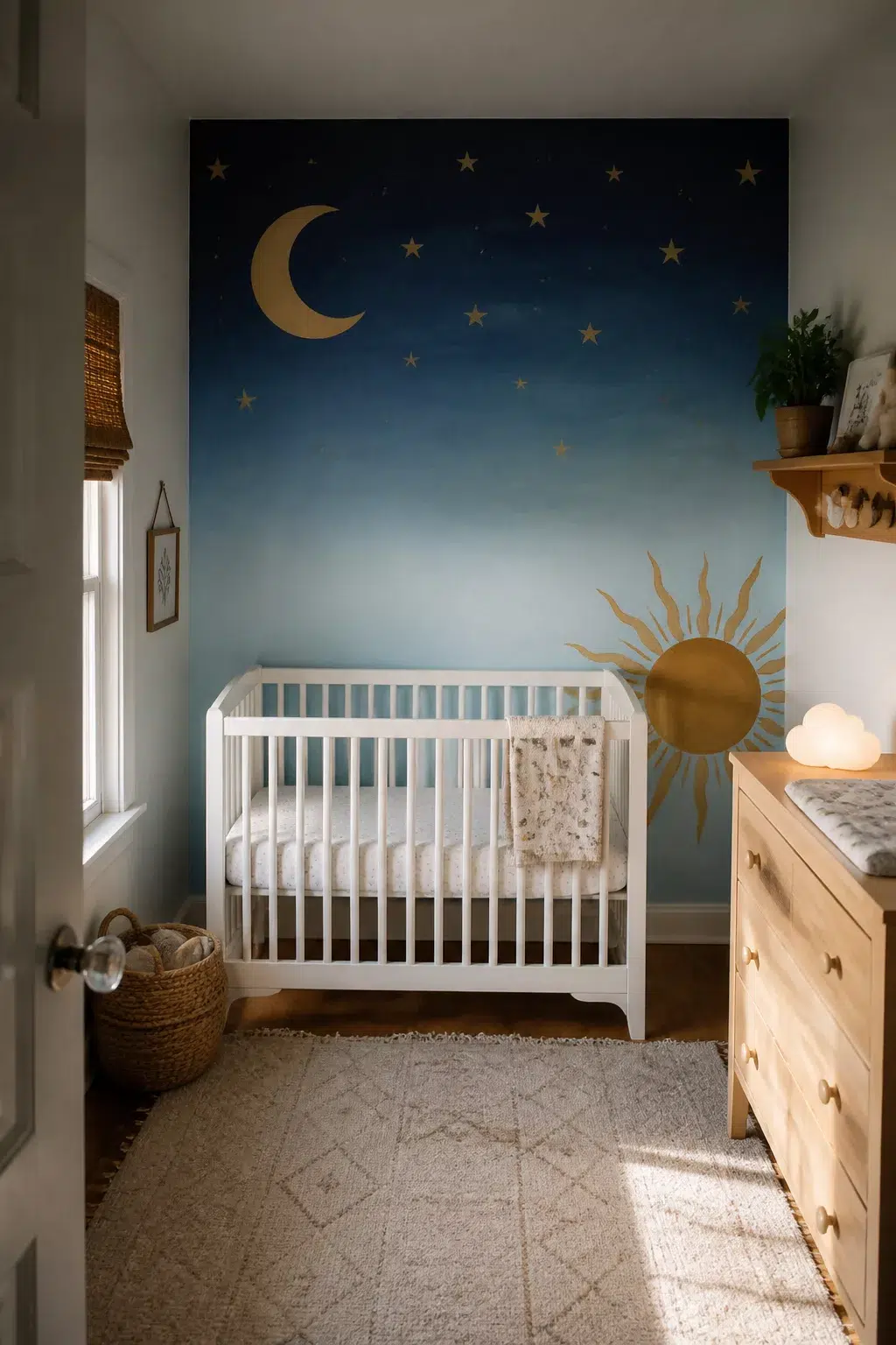 Sun and Moon Nursery Design with ombre navy-to-blue sky mural, gold sun motif, and white crib