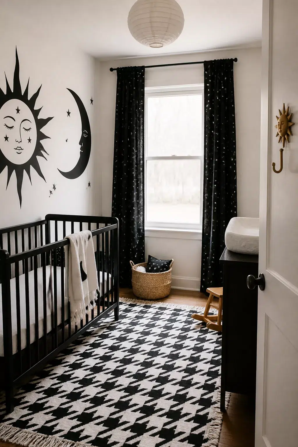 Black and white sun and moon nursery designs with houndstooth rug, celestial wall decal, and star-print curtains.