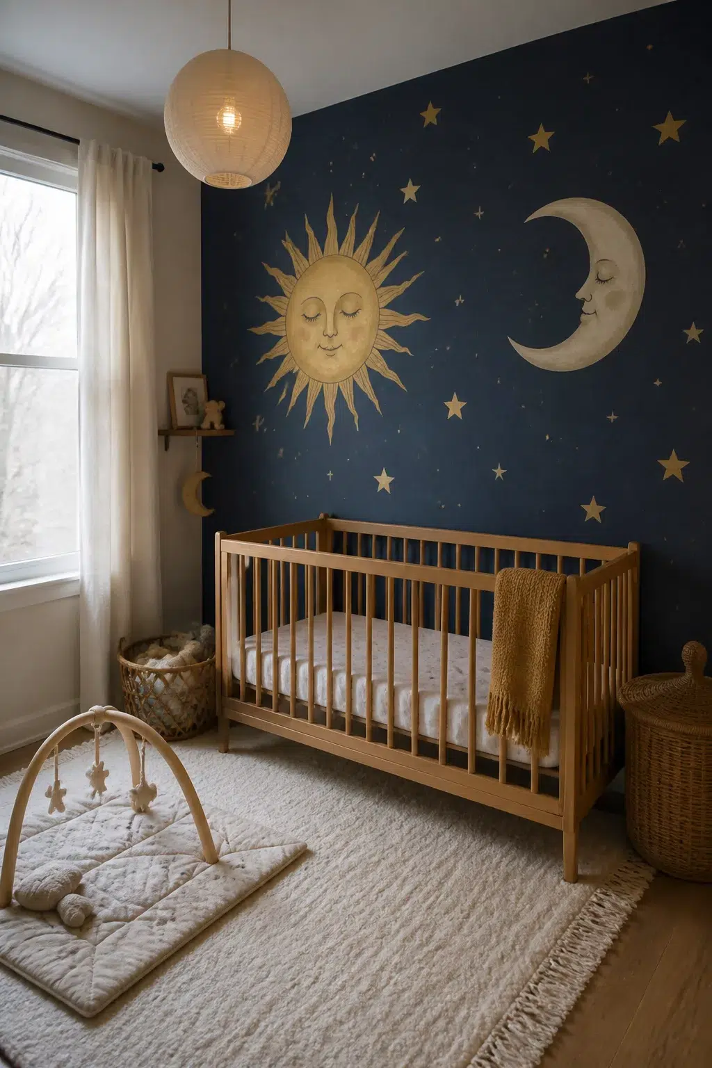 Navy sun and moon mural nursery with natural wood crib and rattan baskets — Sun and Moon Nursery Designs