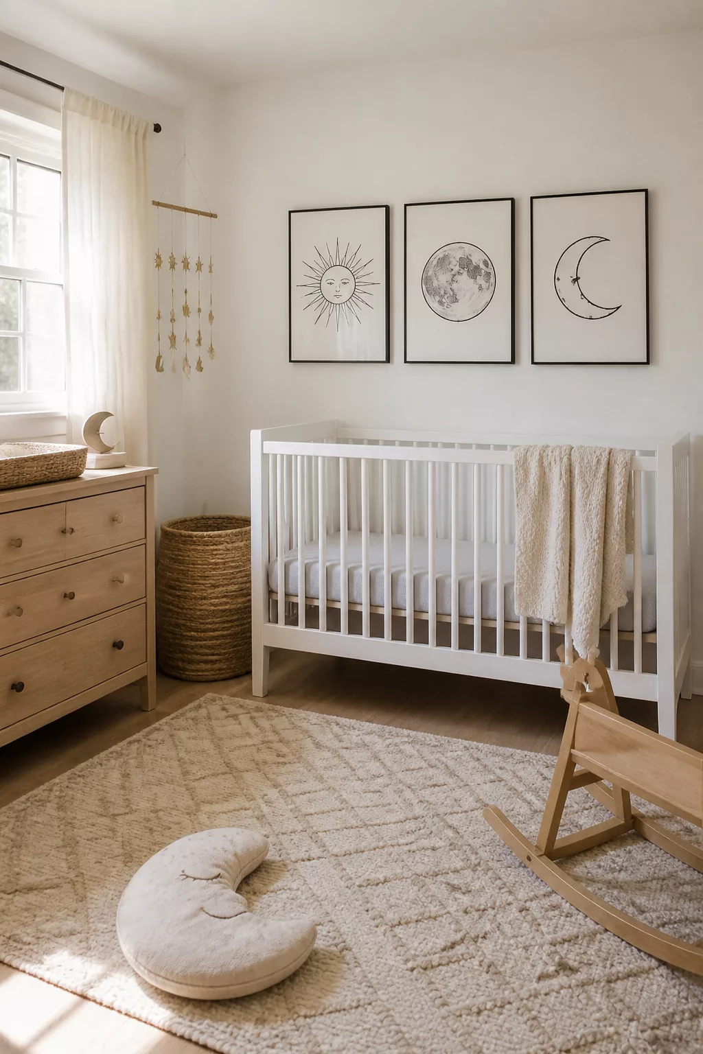 Minimalist sun and moon nursery designs with black line art triptych above white crib and natural wood accents