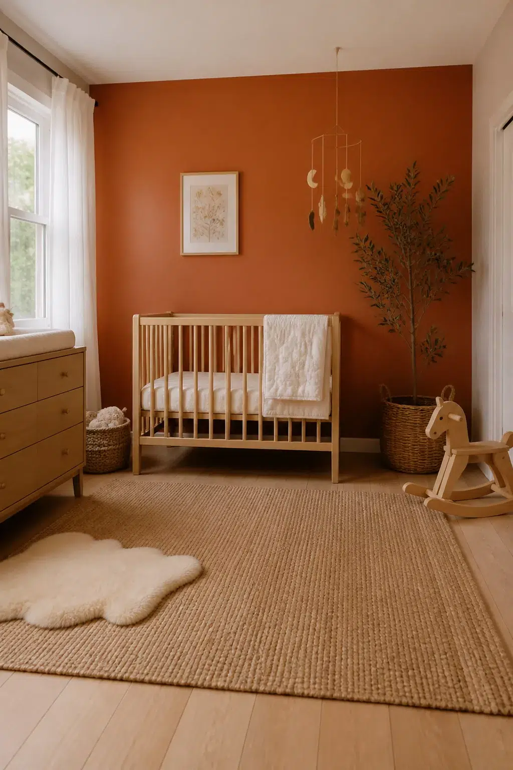 Terracotta nursery design with a bold accent wall, light wood crib, jute rug, and warm earthy tones.