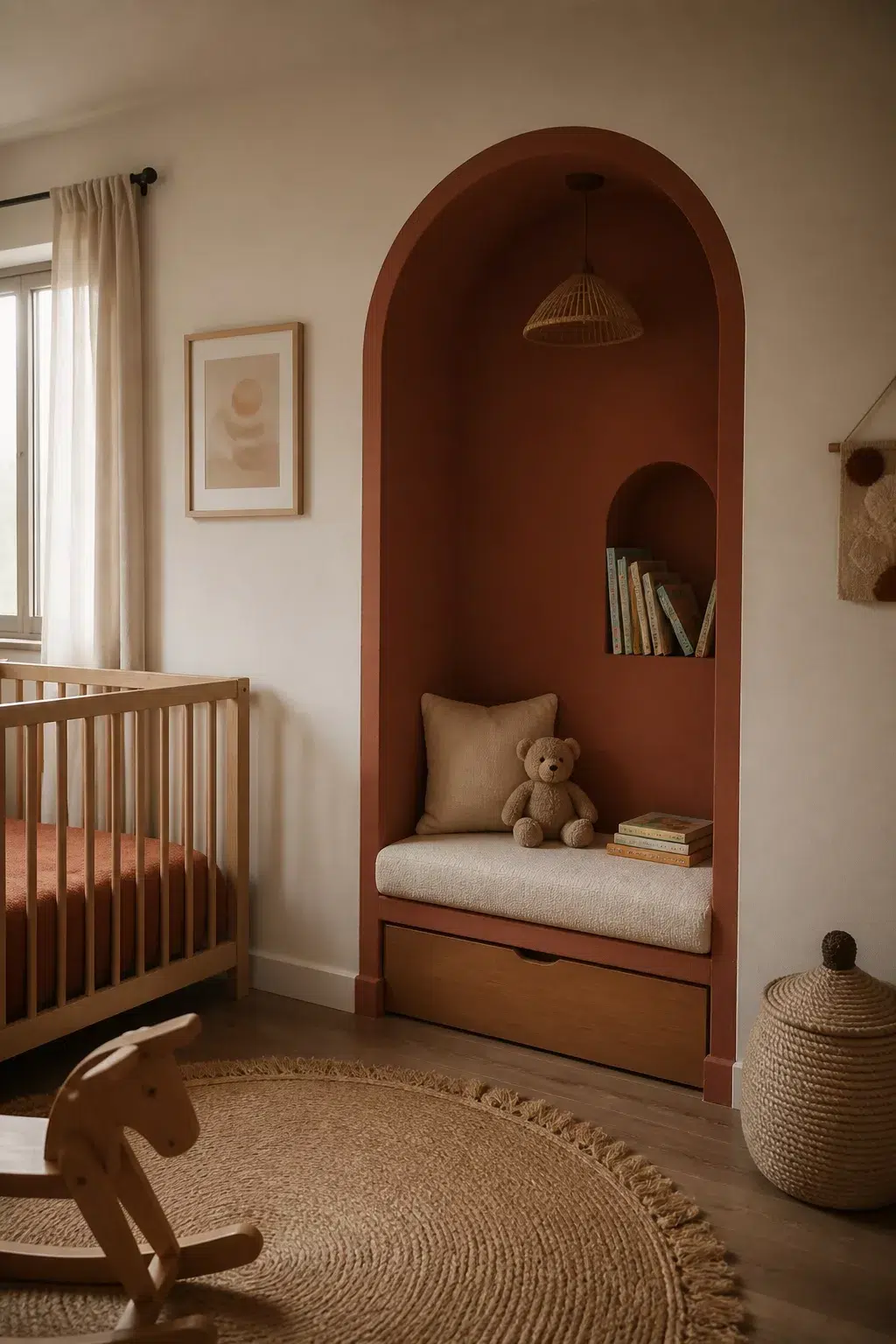 Terracotta nursery design with a painted arched reading nook, built-in storage bench, and warm earthy tones.