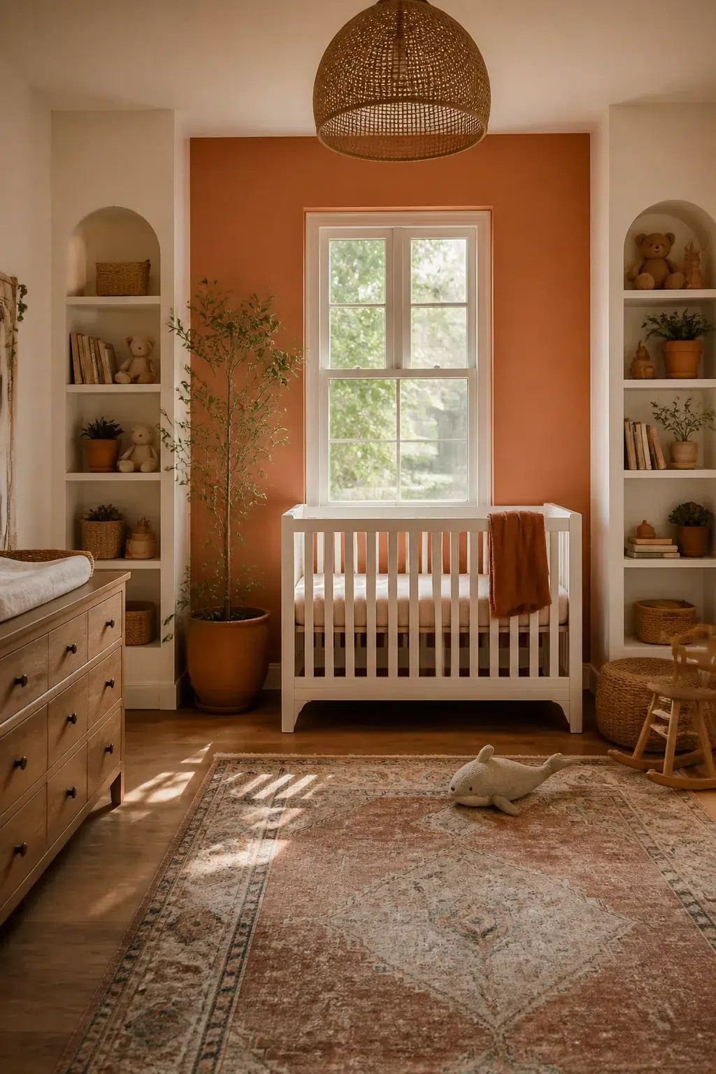 Terracotta nursery design with white built-in arched shelving, a warm accent wall, and earthy boho decor.