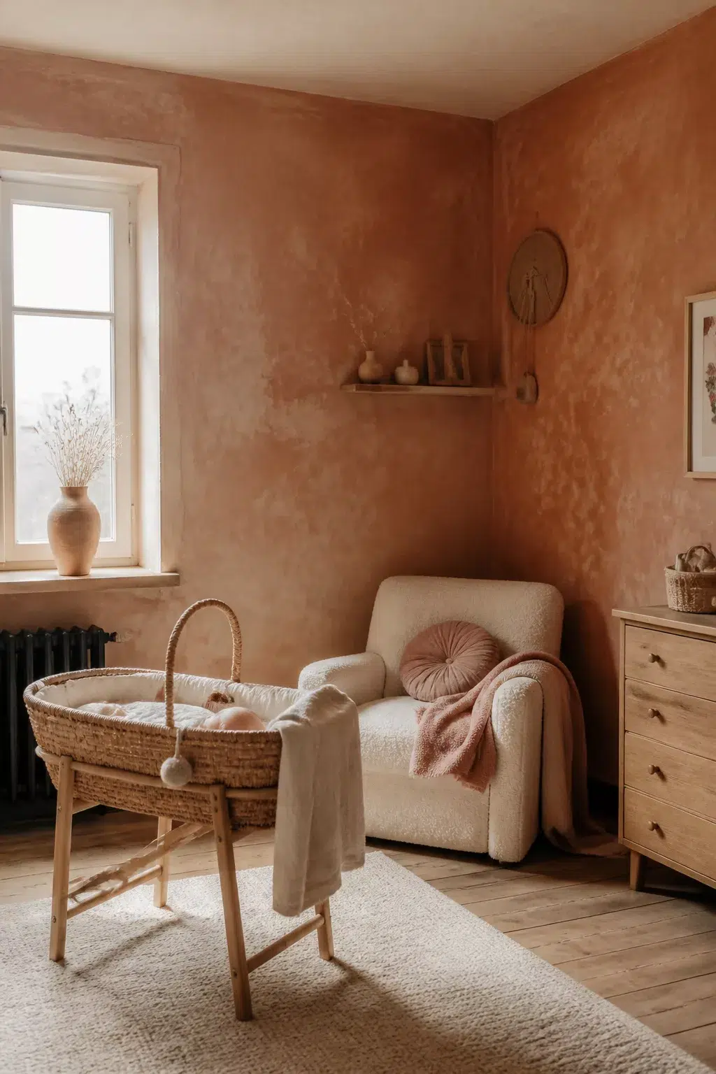 Terracotta nursery design with limewash walls, boucle armchair, and woven moses basket in warm earthy tones.