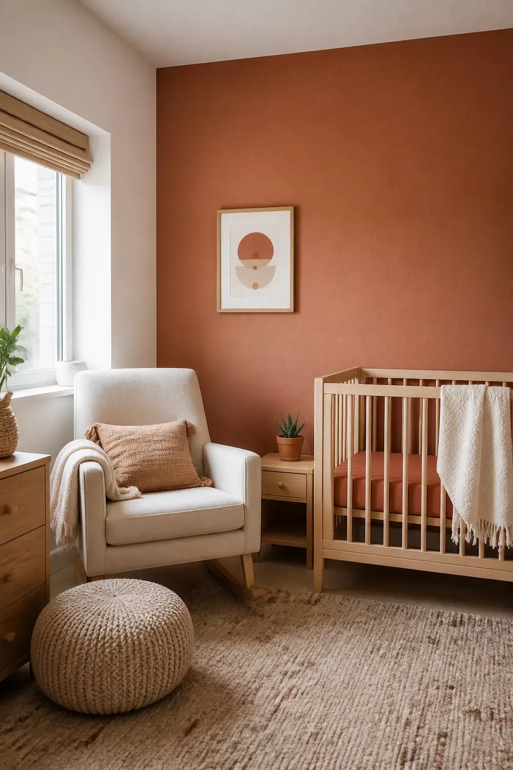 Minimal Scandinavian terracotta nursery with cream rocker, knit pouf, wood crib, and abstract wall art.