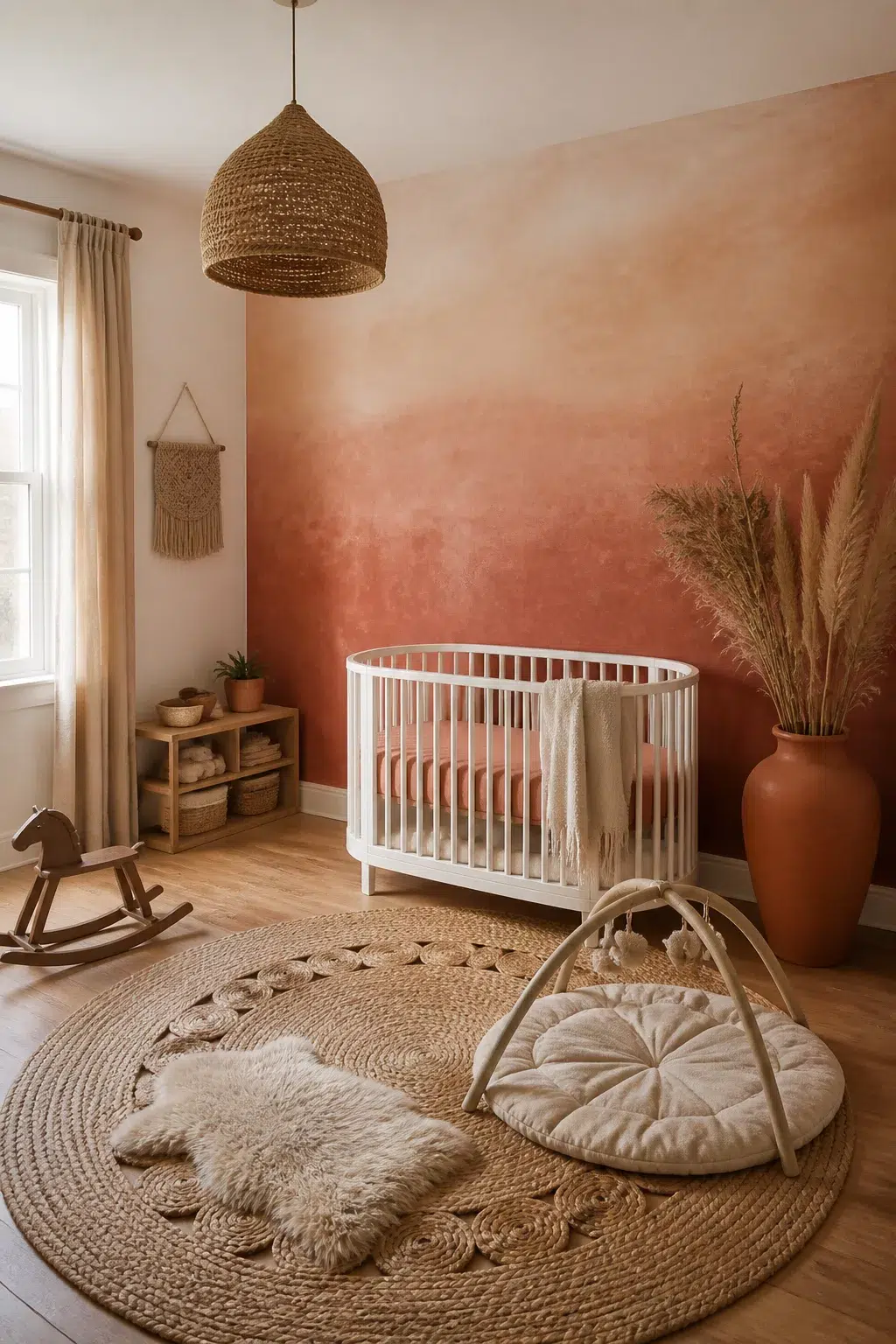 Terracotta ombre nursery wall with white oval crib, jute round rug, and pampas grass — terracotta nursery designs