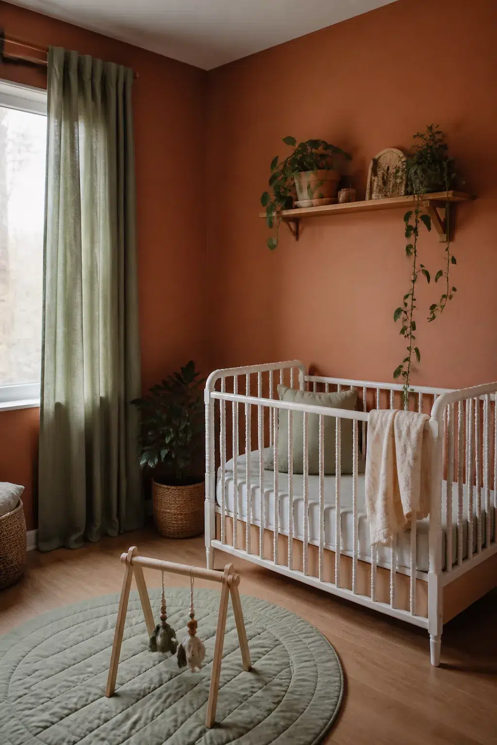 Terracotta nursery design with sage green curtains, round rug, white iron crib, and trailing plants on a wood shelf.