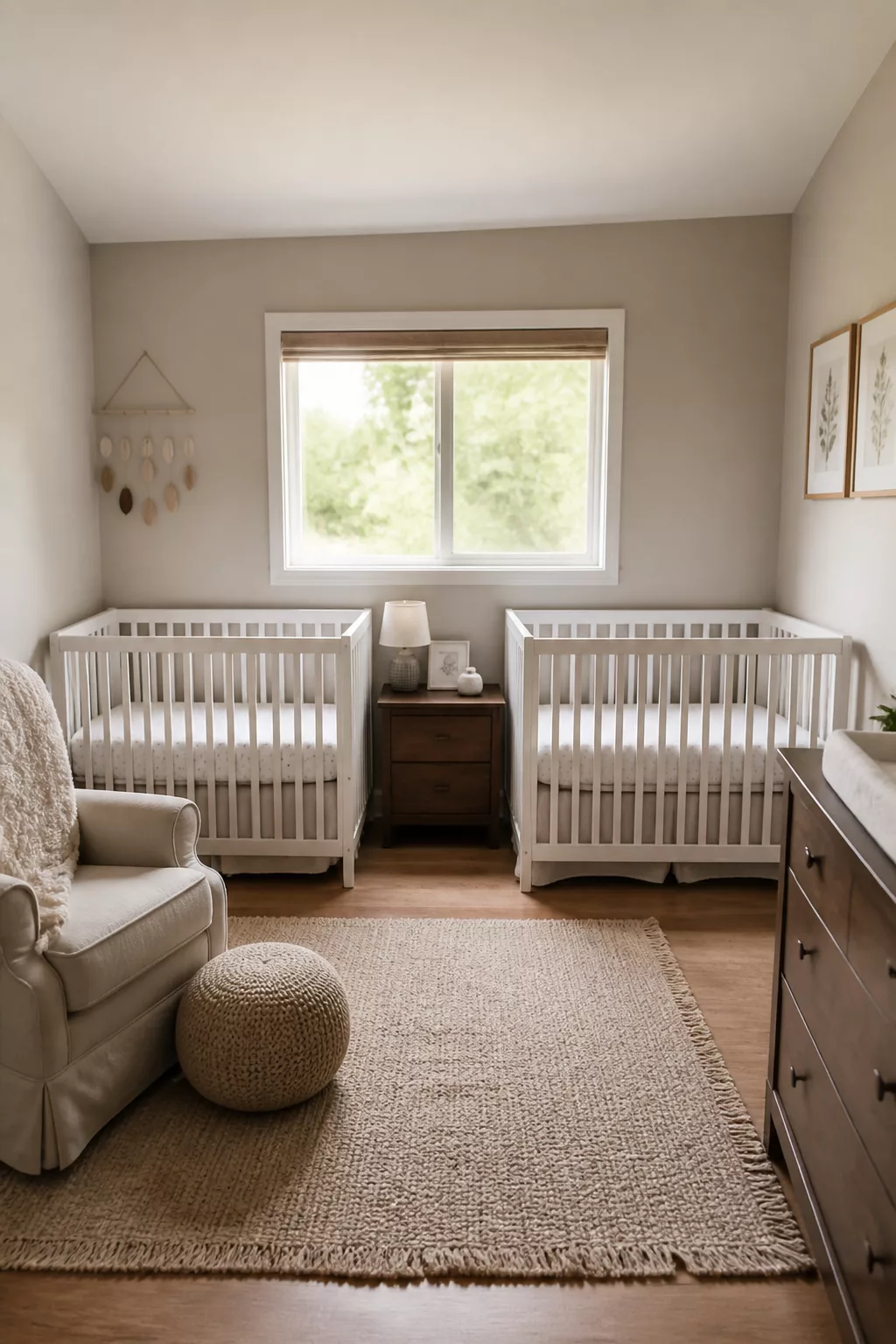 Twin nursery layout ideas with two white cribs side by side, dark wood nightstand, glider, and jute rug.