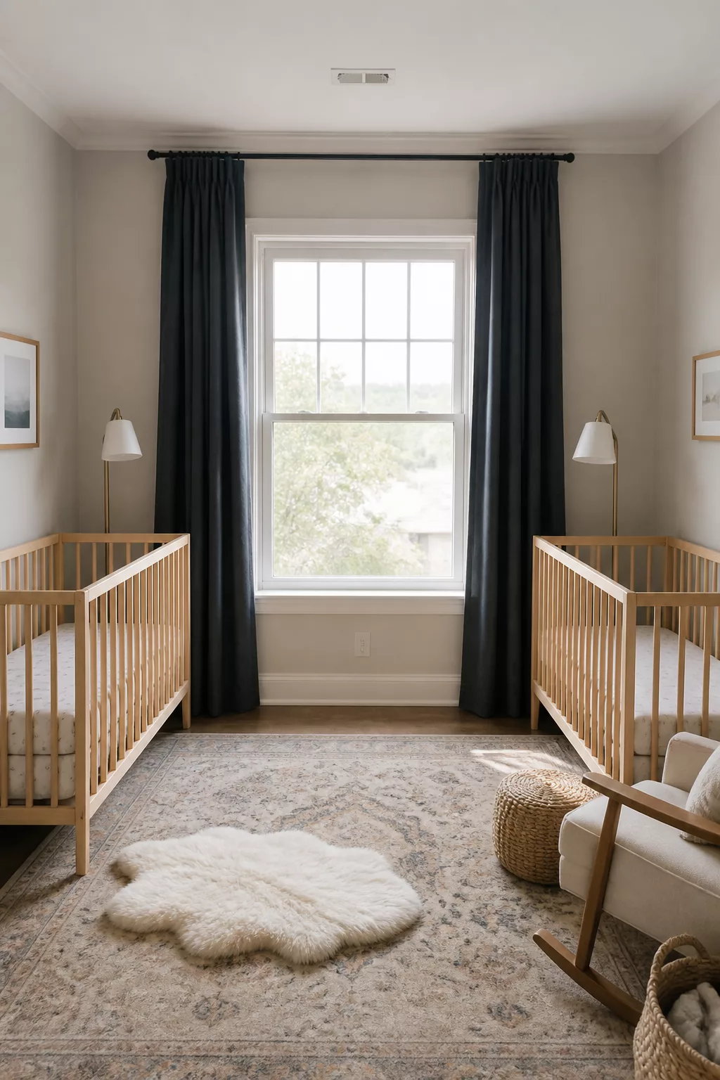 Twin nursery layout ideas with two natural wood cribs flanking a window, navy curtains, and brass lamps