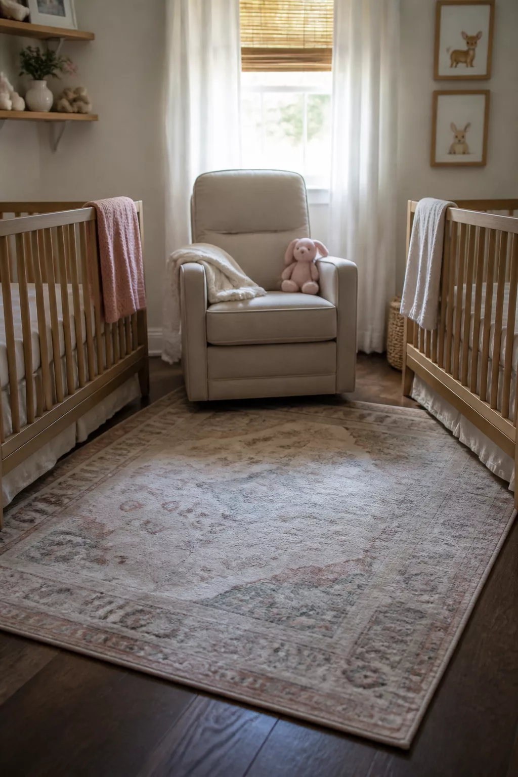 Twin nursery layout ideas with two natural wood cribs flanking a beige glider chair on a vintage rug.