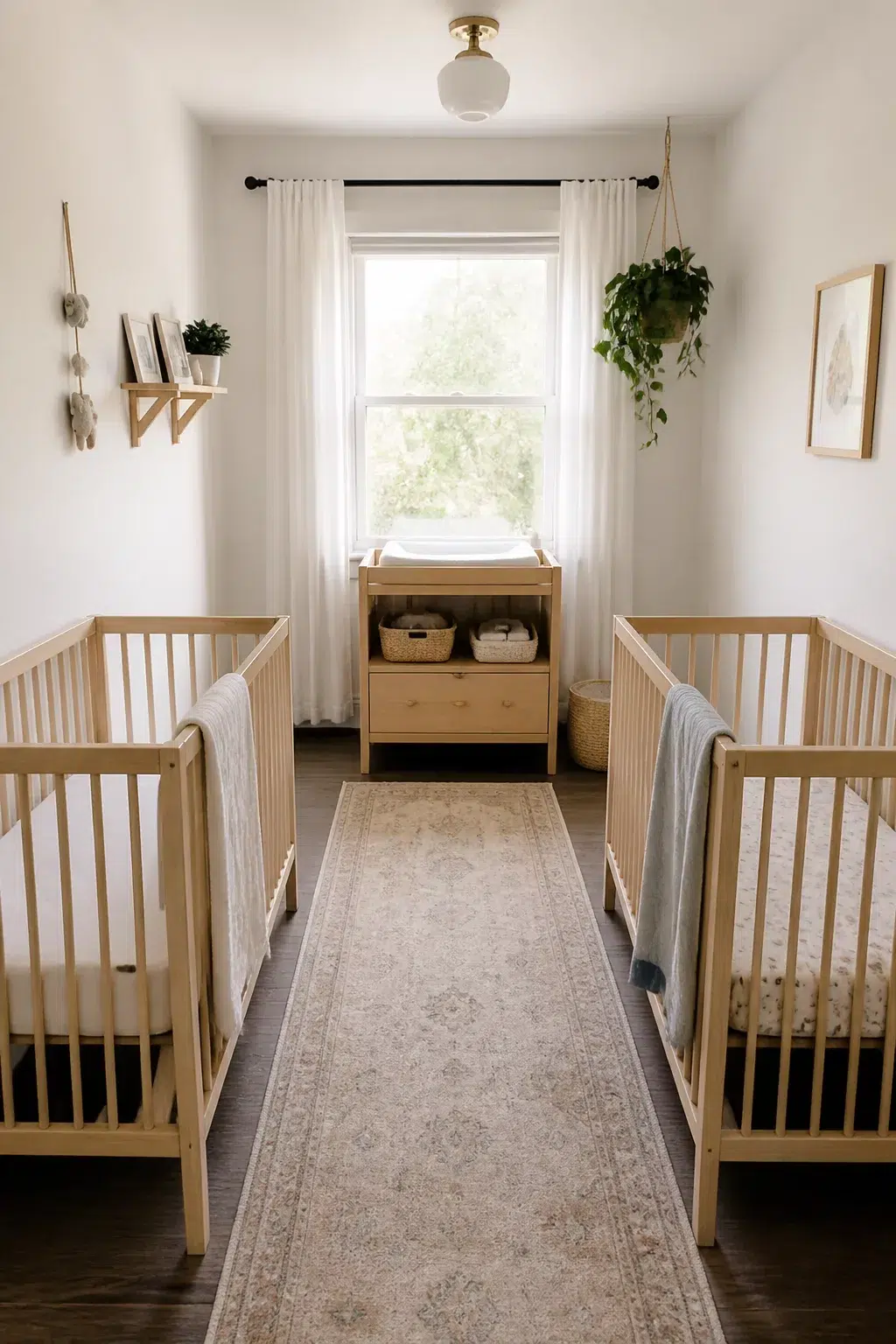Twin nursery layout ideas for long narrow rooms with two natural wood cribs in a double-row arrangement.