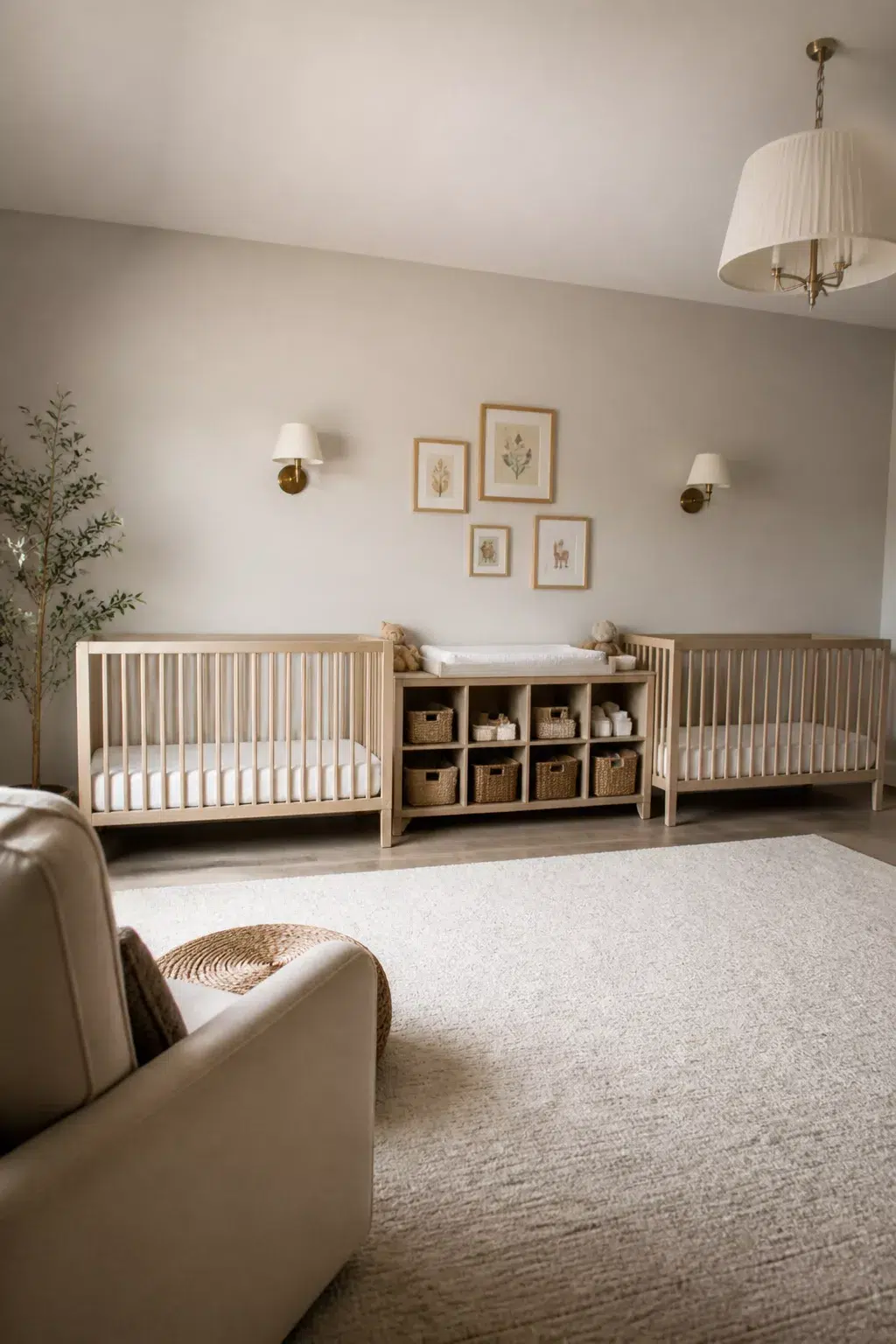 Twin nursery layout ideas with two wood cribs on one wall, brass sconces, and a cubby changing station between them.