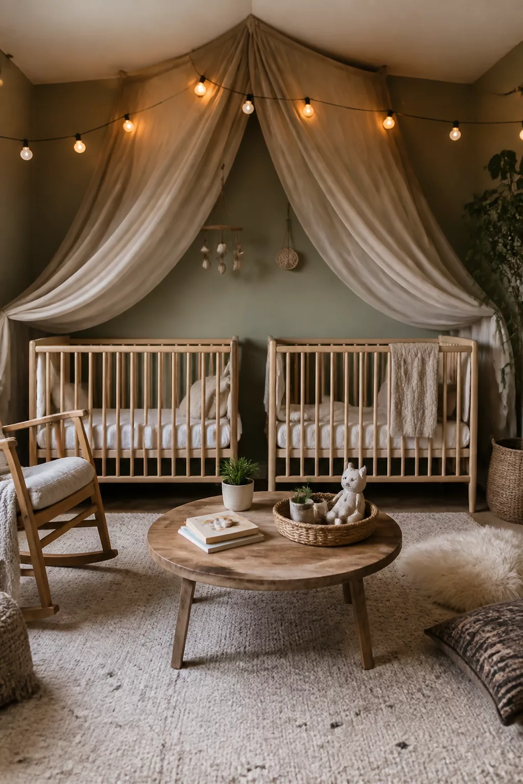 Twin nursery layout ideas with shared draped canopy, globe string lights, and two natural wood cribs against sage green wall.