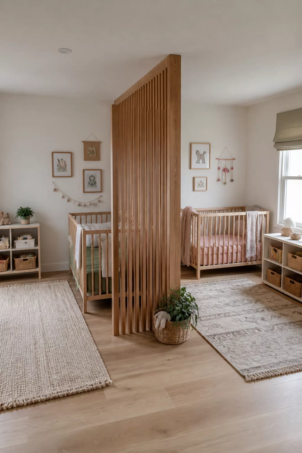 Twin nursery layout ideas with slatted wood room divider separating two natural wood cribs in a shared nursery.