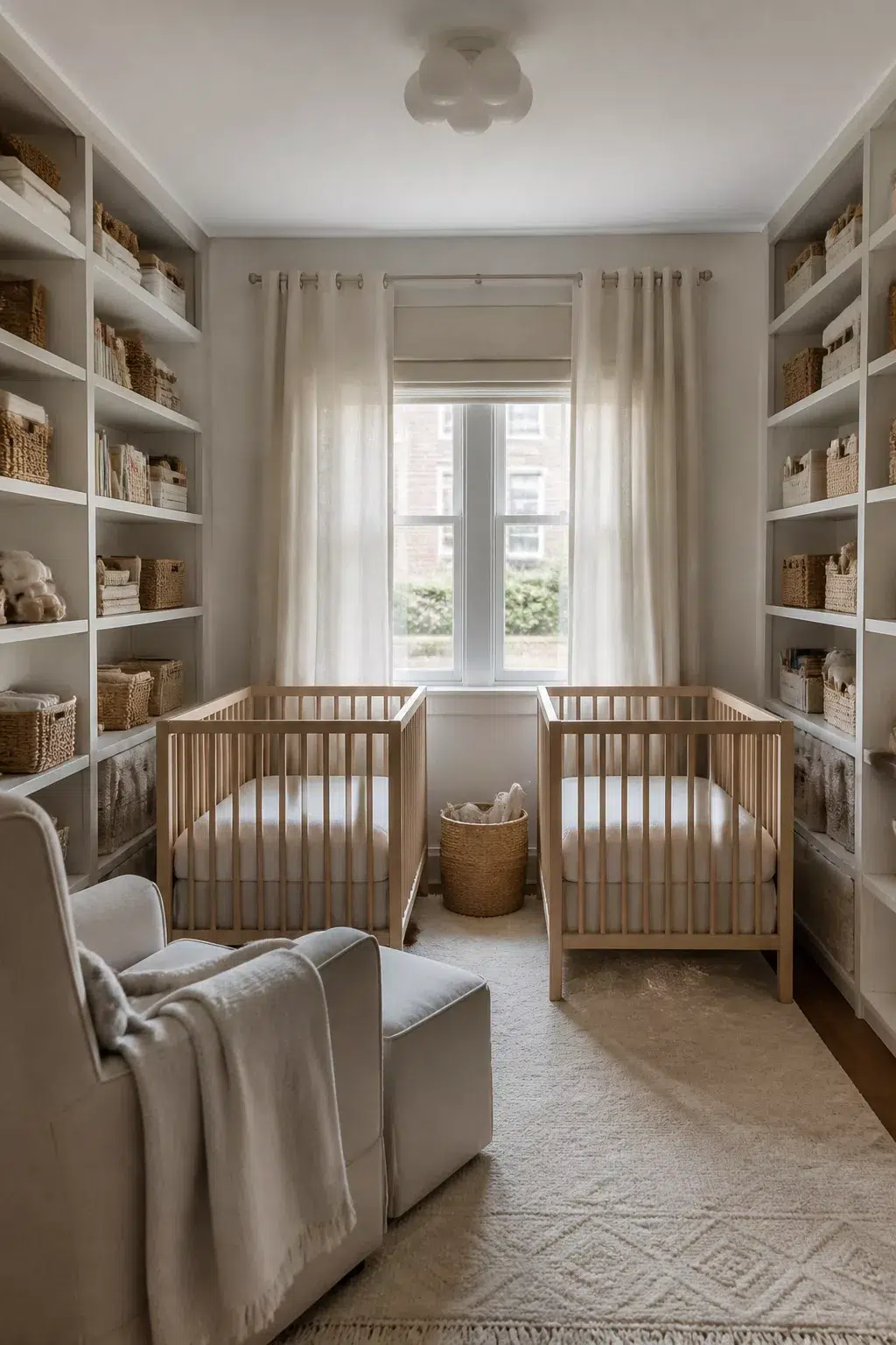 Twin nursery layout ideas with floor-to-ceiling shelves, wicker baskets, and two natural wood cribs by a window.