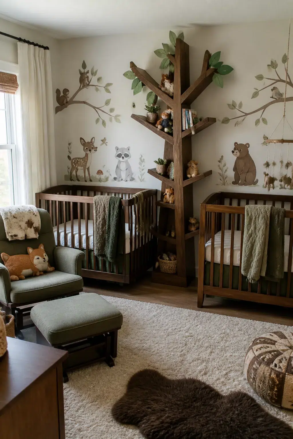 Twin nursery layout ideas with two dark wood cribs, tree bookshelf divider, and woodland animal wall mural