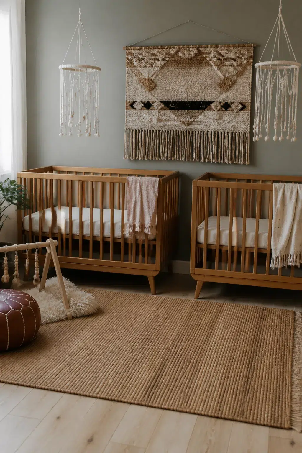 Twin nursery layout ideas with two wood cribs, jute rug, and boho woven wall hanging on sage green wall.