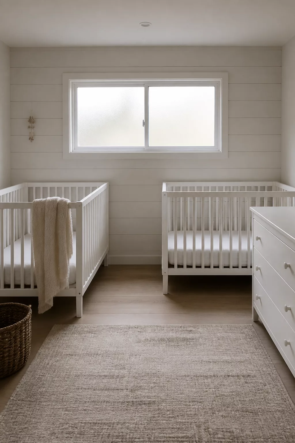 Twin nursery layout ideas with two white cribs, shiplap walls, woven rug, and white dresser in a minimalist room.