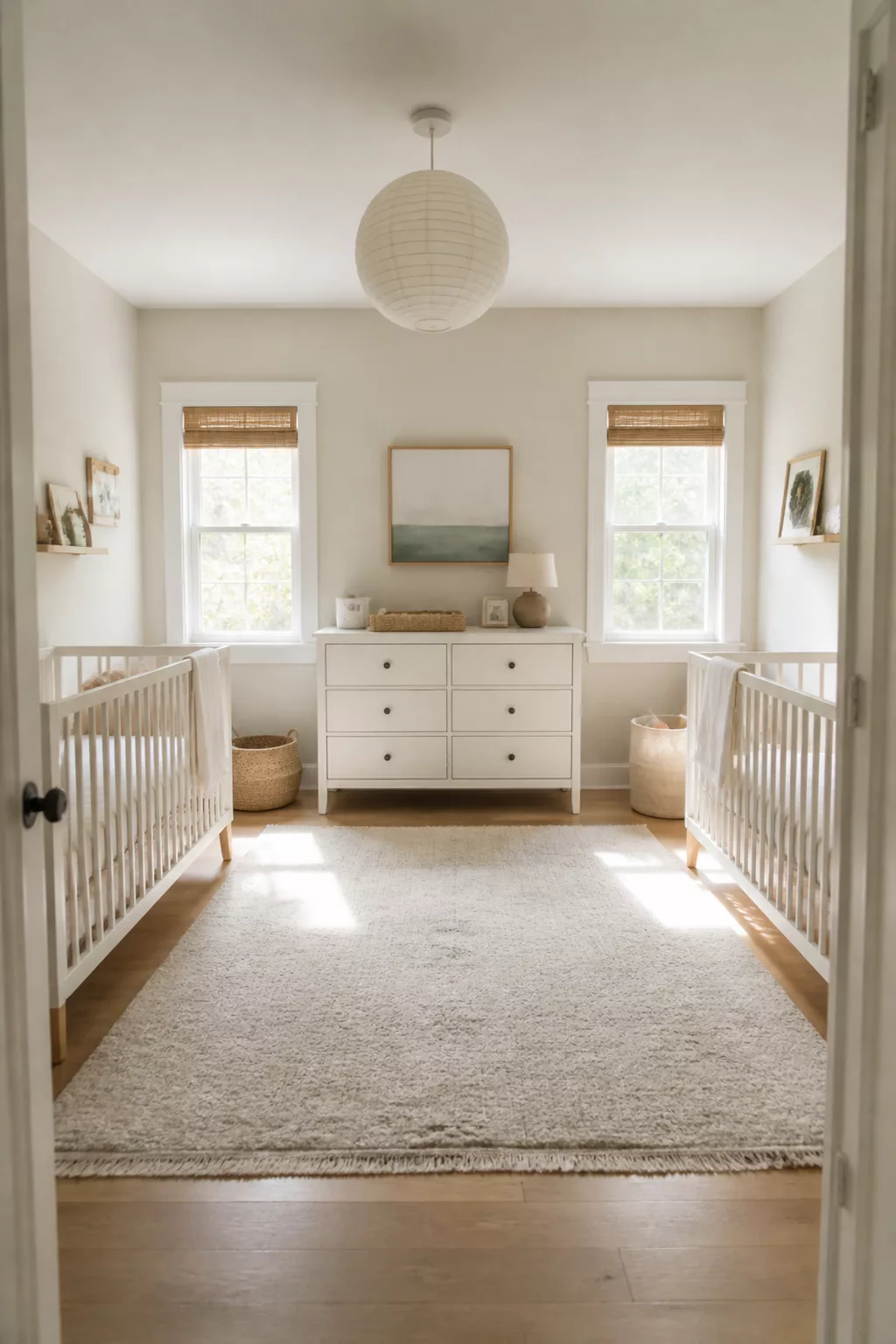 Twin nursery layout ideas with two white cribs on opposite walls, paper lantern light, and shared dresser between windows.