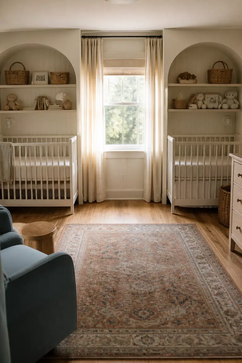 Twin nursery layout ideas with two white cribs in arched built-in alcoves flanking a center window.
