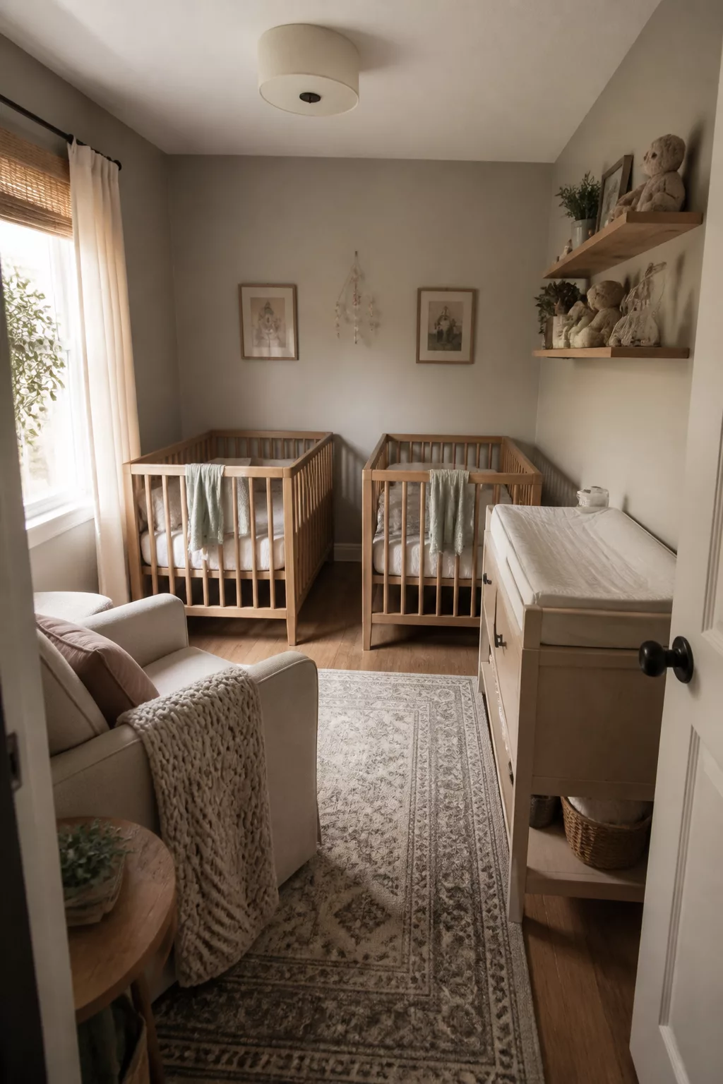 Twin nursery layout ideas with two natural wood cribs side by side on the end wall in a small room.