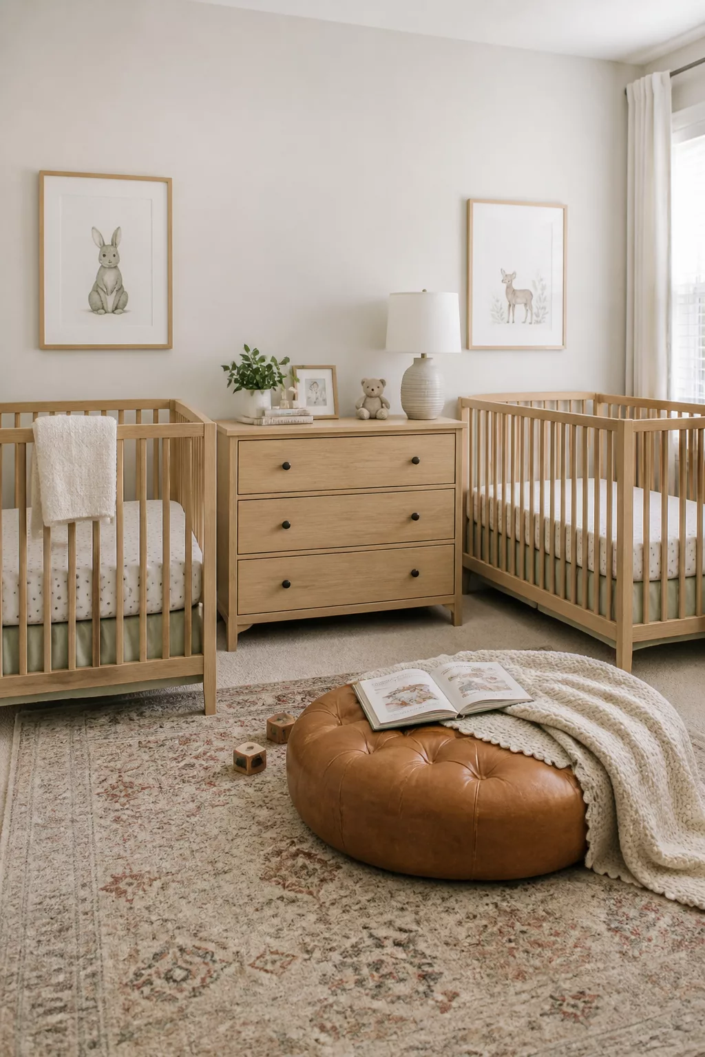 Twin nursery layout ideas with two oak cribs flanking a dresser, leather ottoman, and woodland art prints.