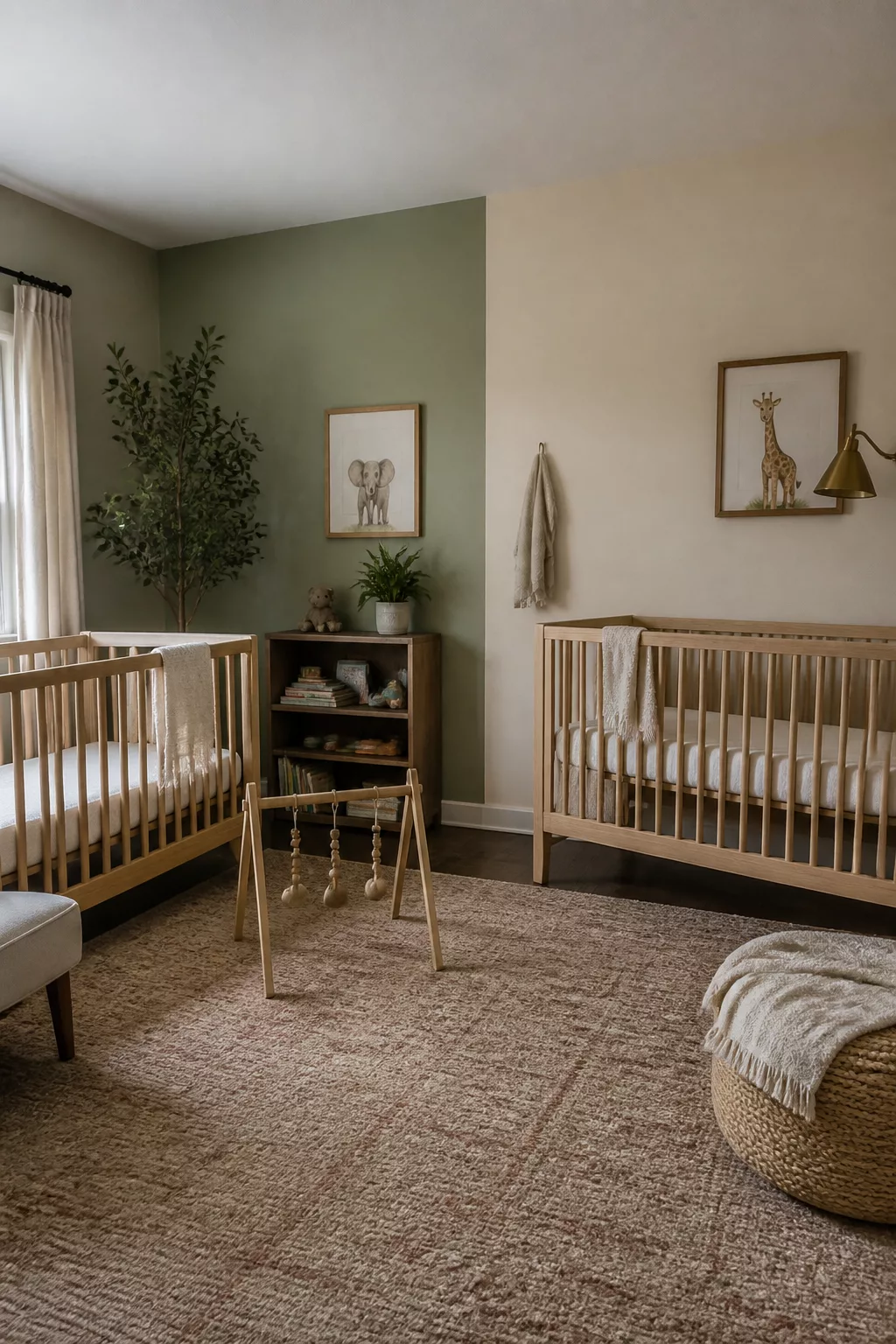 Twin nursery layout ideas with sage green color-block wall, two natural wood cribs, and safari animal art.