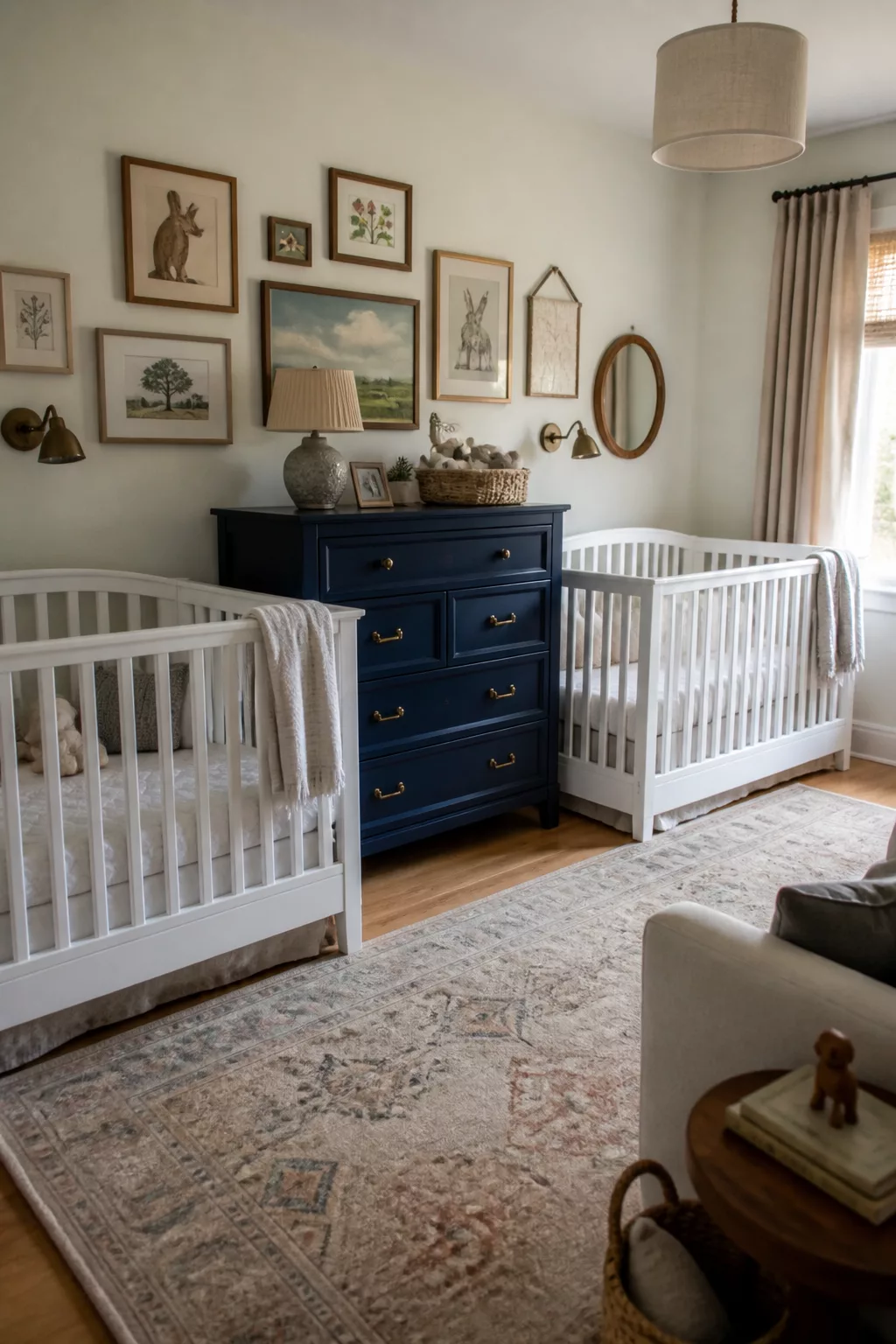 Twin nursery layout ideas with two white cribs flanking a navy dresser and vintage gallery wall above.