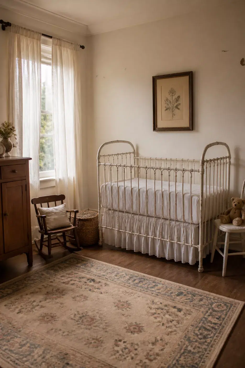 Vintage nursery ideas featuring an antique white iron spindle crib, botanical wall art, and a dark wood rocking chair.