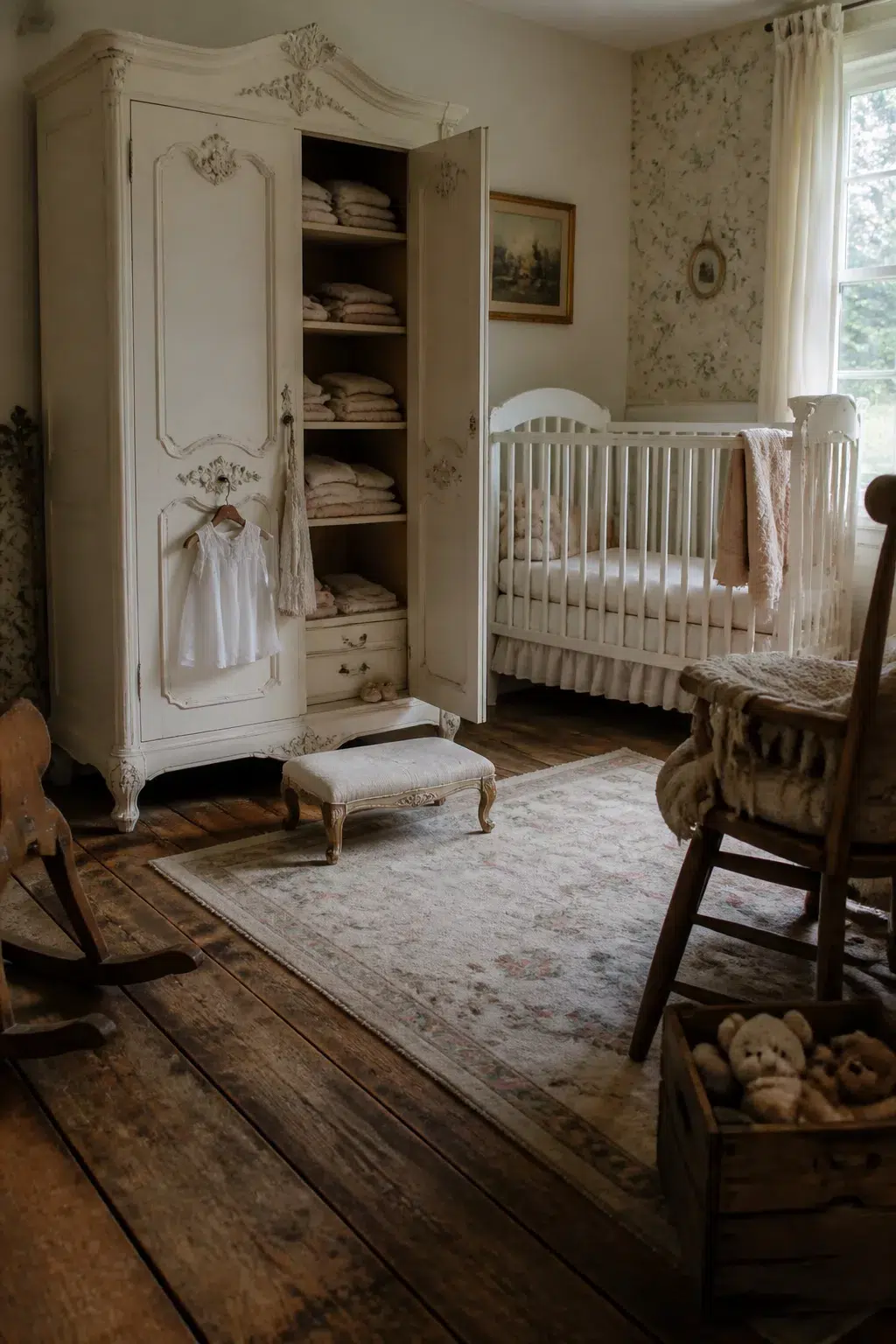 Vintage nursery ideas with ornate carved armoire, wide-plank floors, white crib, and soft floral wallpaper.