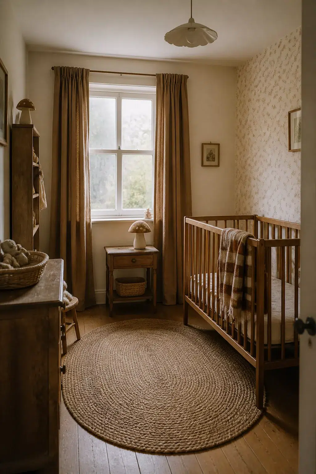 Vintage nursery ideas with jute rug, mushroom lamp, linen curtains, and warm wood crib in earthy cream tones.