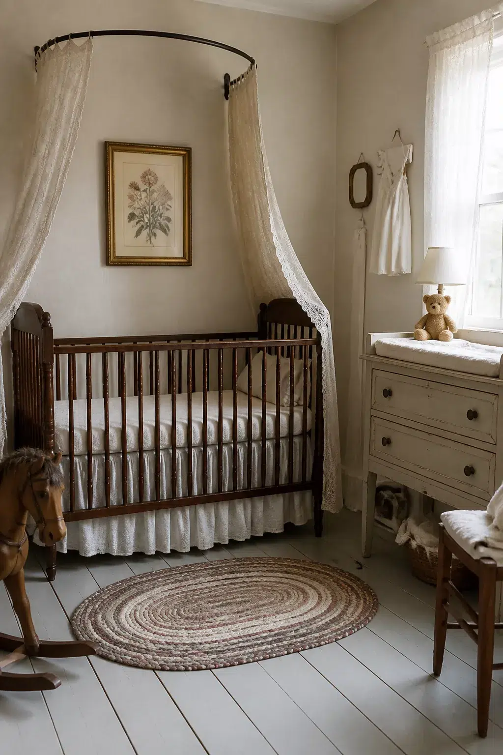 Vintage nursery ideas with dark wood crib, lace canopy, braided rug, and painted white floorboards.