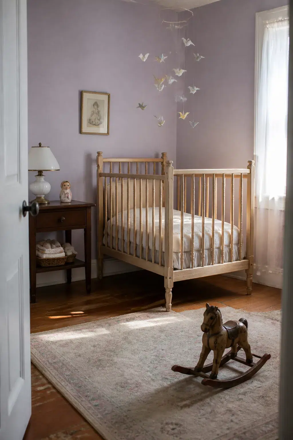 Vintage nursery ideas with lavender walls, pine crib, origami bird mobile, and antique wood rocking horse.