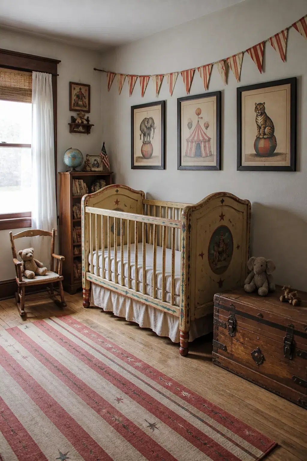 Vintage nursery ideas with painted wood crib, circus art prints, antique trunk, and red striped rug.