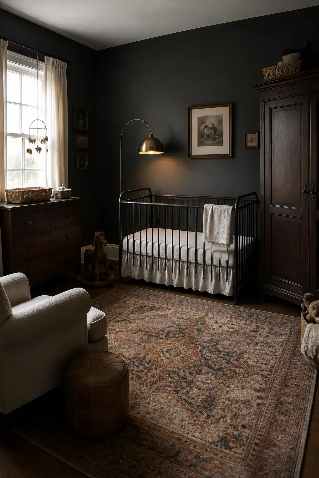 Moody vintage nursery ideas with charcoal walls, black iron crib, brass arc lamp, and antique Persian rug.