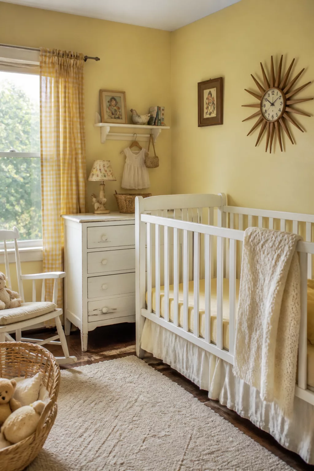 Soft yellow vintage nursery ideas with sunburst clock, gingham curtains, white crib and rocking chair.