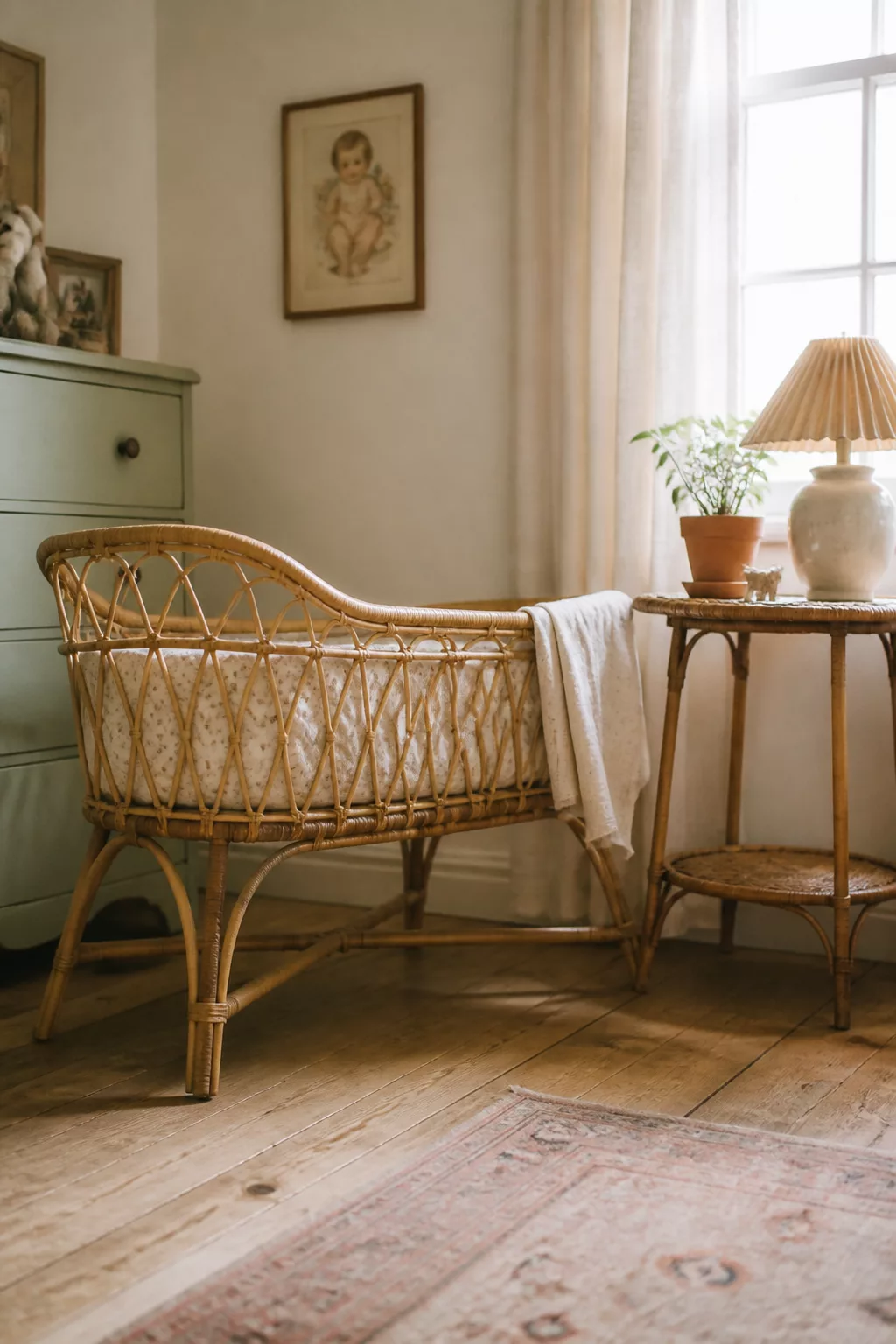 Vintage nursery ideas with a rattan bassinet, wicker side table, and pleated lamp on worn hardwood floors.