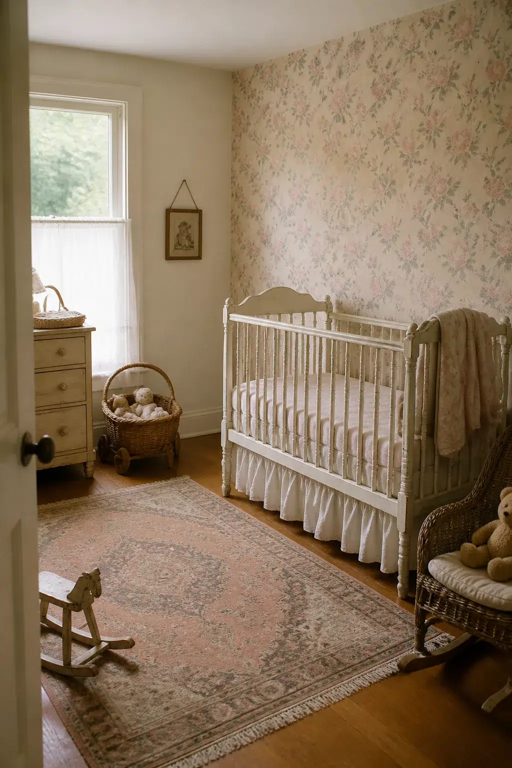 Soft pink floral wallpaper accent wall in a vintage nursery with white crib and antique rug — Vintage Nursery Ideas