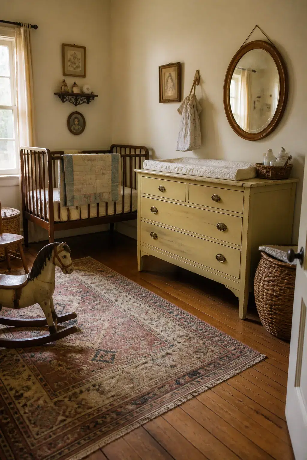 Vintage nursery ideas with a butter yellow refinished dresser as a changing table, oval mirror, and rocking horse.
