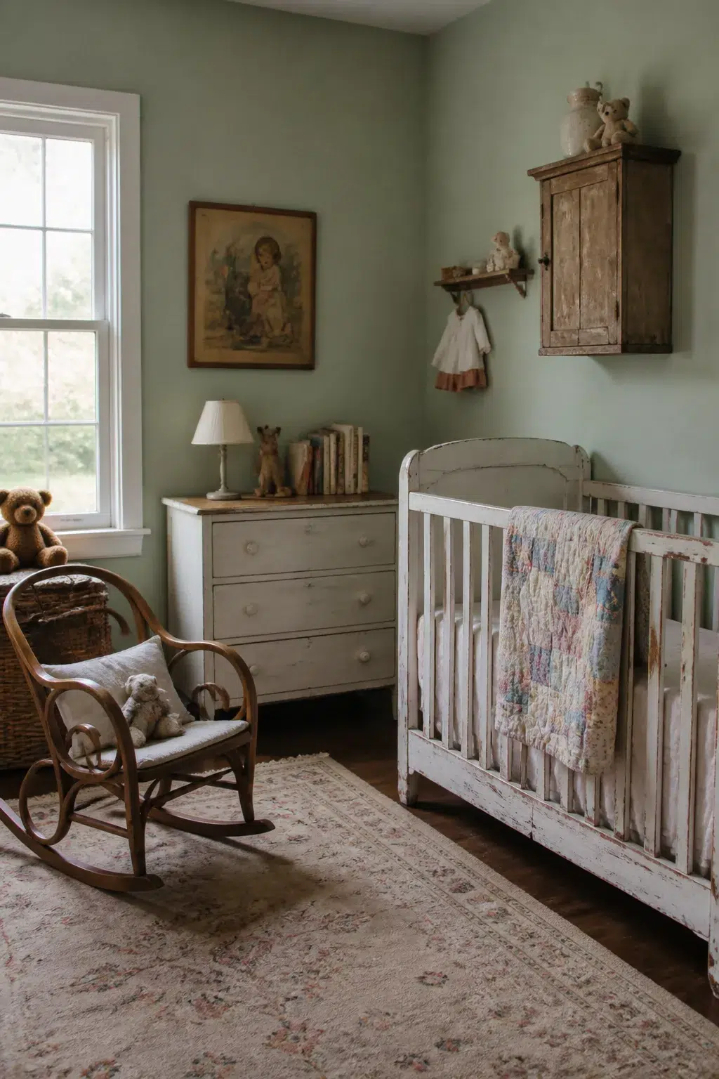 Sage green vintage nursery ideas with chippy white crib, bentwood rocker & antique wood dresser