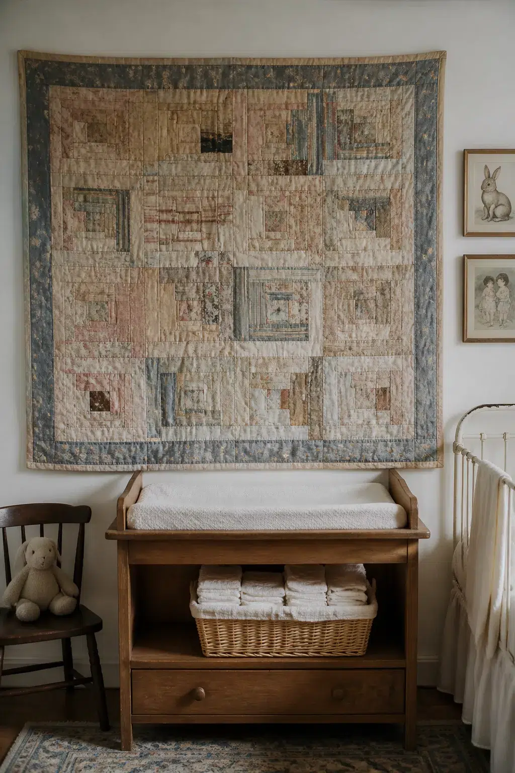 Vintage nursery ideas with a patchwork quilt hung above a walnut changing table and wicker basket.