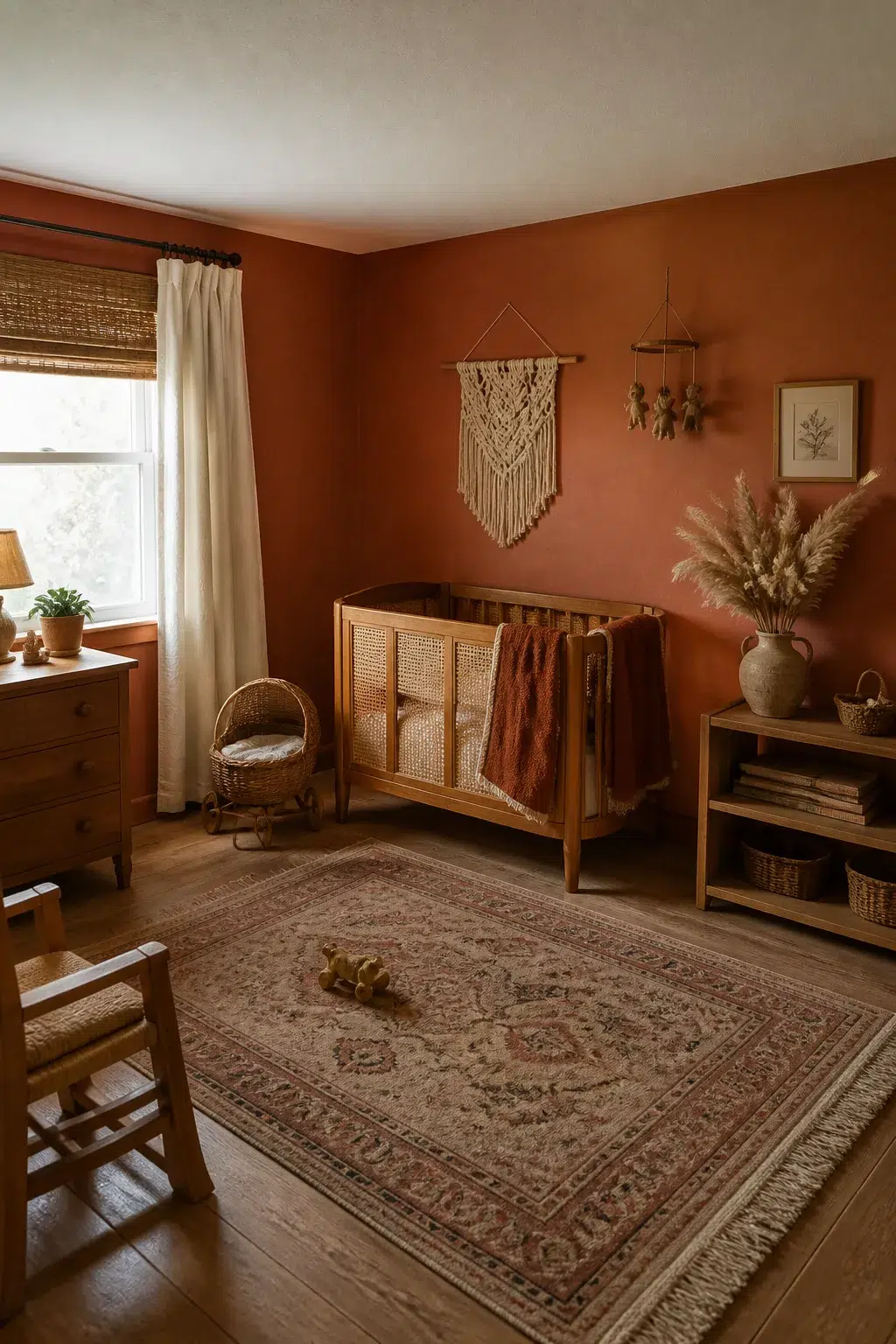 Vintage nursery ideas featuring terracotta walls, a cane crib, macramé wall art, and dried pampas grass decor.