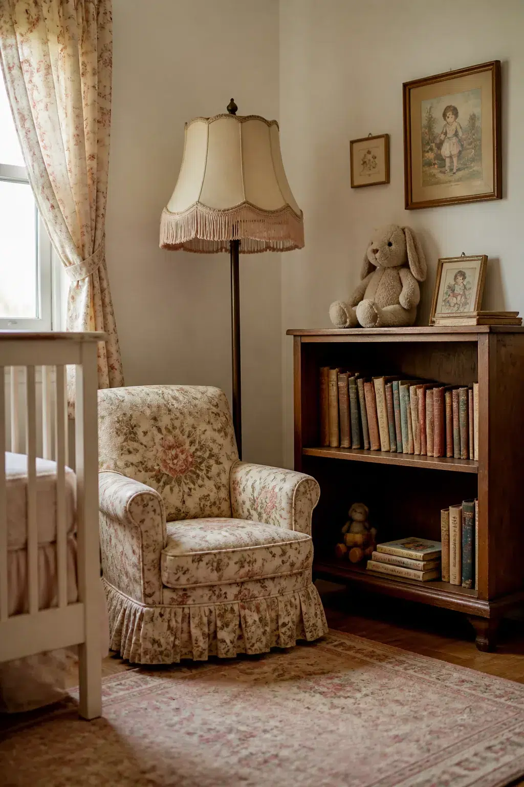 Vintage nursery ideas with a floral armchair, fringe floor lamp, and dark wood bookcase filled with antique children's books.