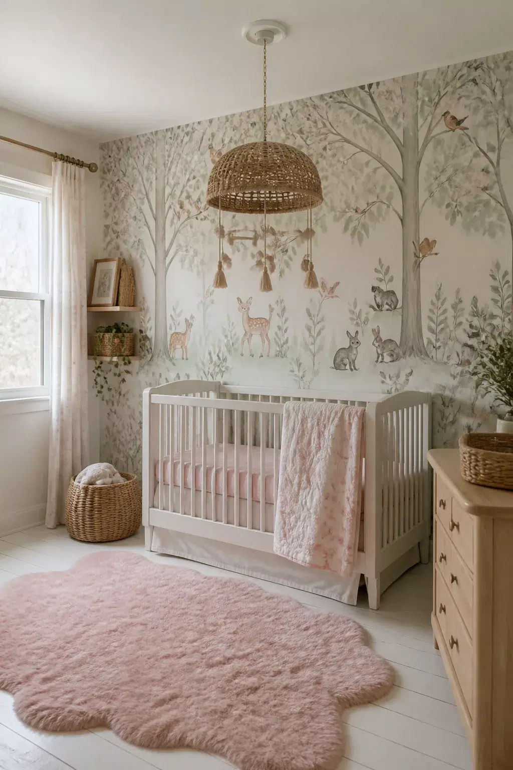 Whimsical baby girl nursery ideas with woodland wallpaper mural, wicker pendant light, and pink faux fur rug.