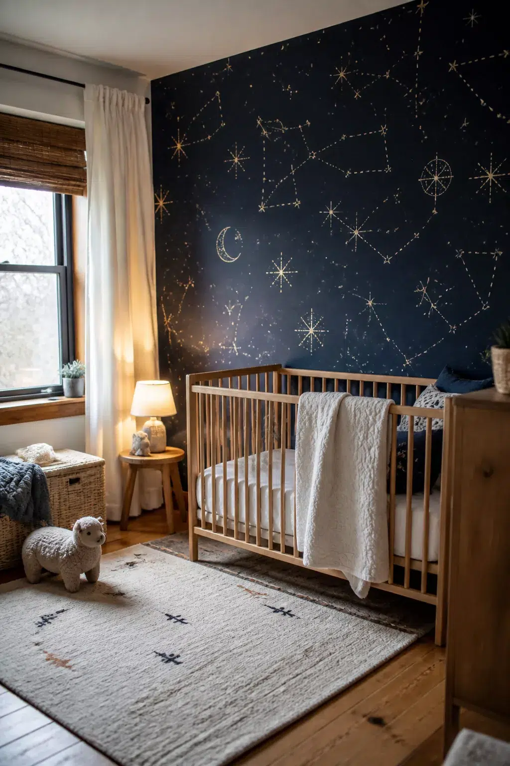 Navy gold constellation wallpaper in a whimsical nursery wallpaper design with wood crib and warm lighting