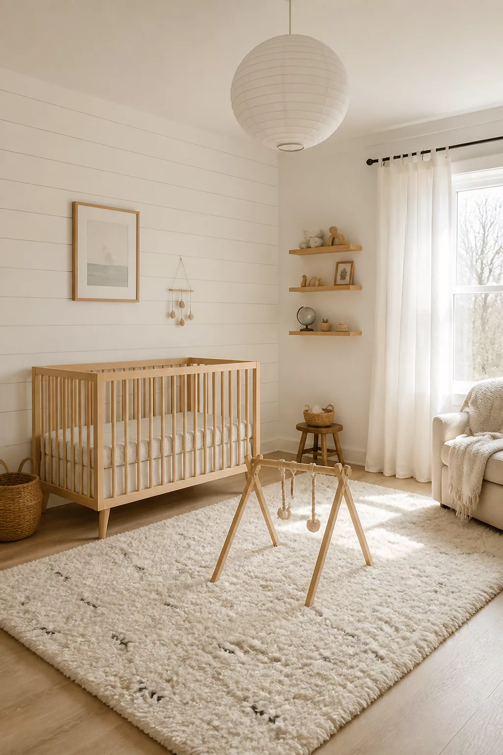 White and wood nursery design with birch crib against shiplap wall, shag rug, and natural wood accents.